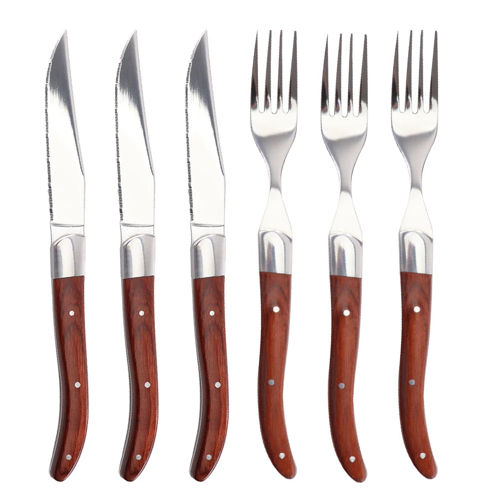 Jaswehome 6pcs Dinnerware Set Stainless Steel Red Pakkawood Handle Steak knives Western knives Fruit salad steak forks Tableware